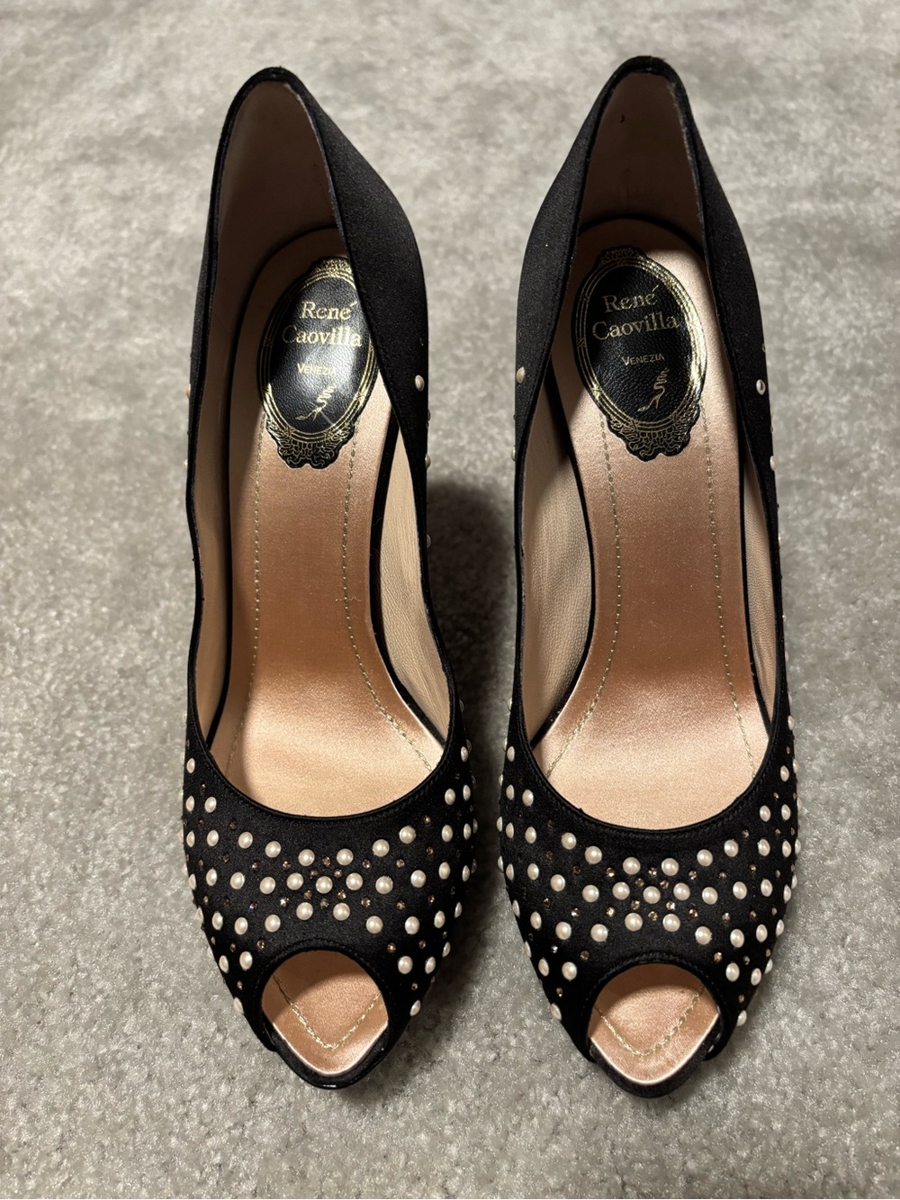 Rene Caovilla Black Satin Peep-Toe Pumps with Pearls - worn once